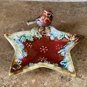 Christmas Trinket Dish Star Birds Ceramic Holiday 6”